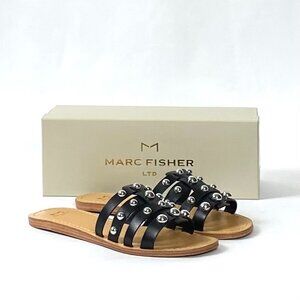 New Marc Fisher LTD Pava Studded Black Leather Flat Sandal 8.5